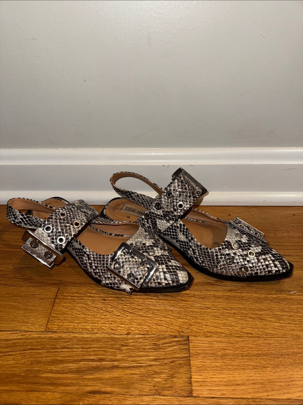 Steve Madden Black and White Snake-Print Buckle Slingback Mules